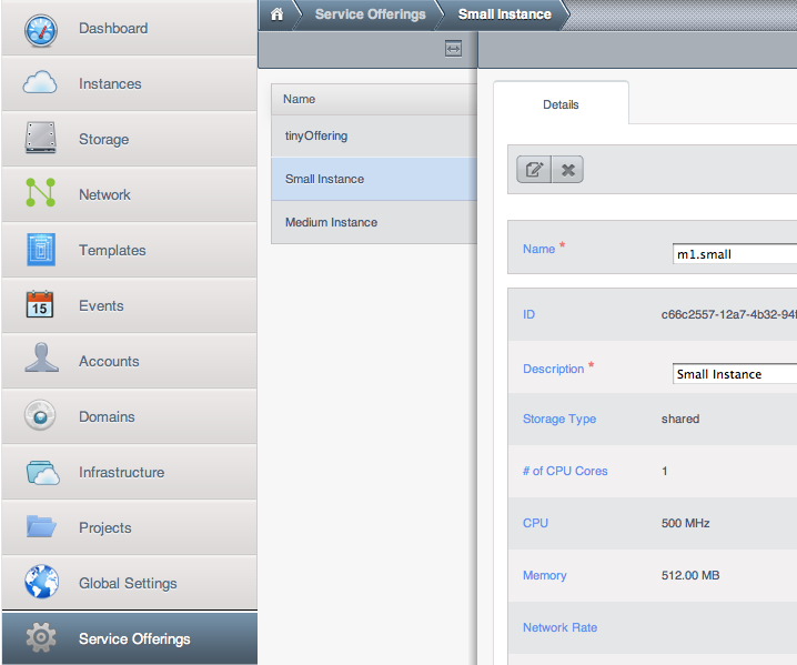 Use the GUI to set the name of a compute service offering to an EC2 instance type API name.
