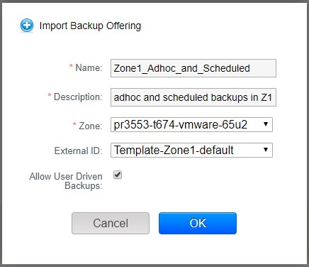 Importing a template backup offering.