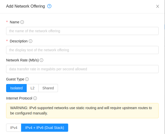 Add IPv6 supported Network Offering form.