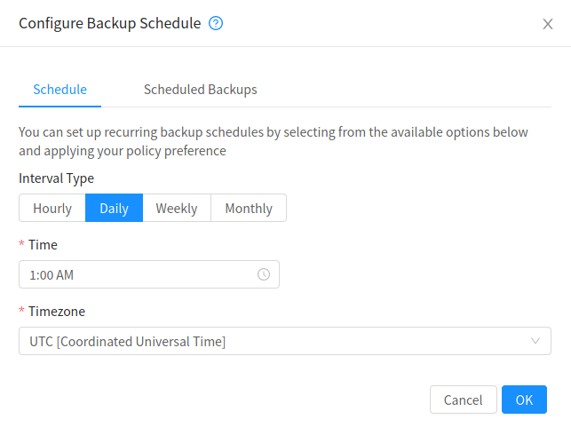 Creating a backup schedule for an Instance.