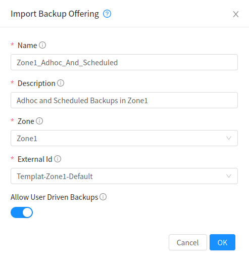 Importing a template backup offering.