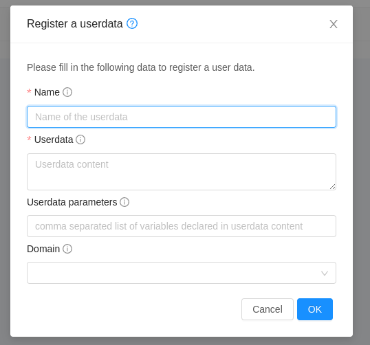 Regiser userdata dialog box